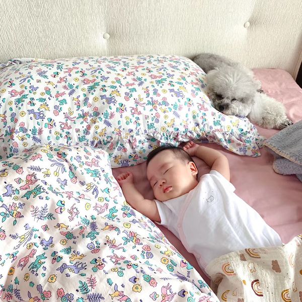 

ins small frh healing lace flounce cartoon deer yarn dyed washed cotton four piece set