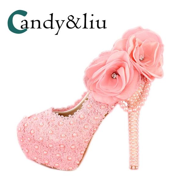 

dress shoes women pink pearl super high heel wedding round toe lace flowers upper slip-on large size pumps party banquet evening, Black