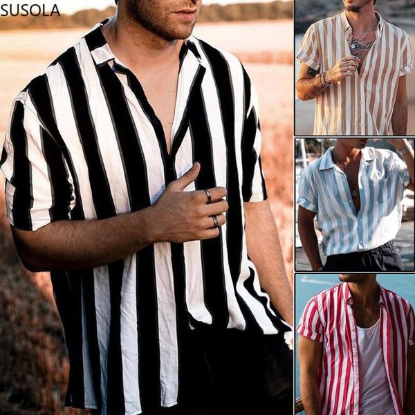 

men fashion short sleeve regular fit button down shirt casual vertical striped stylish formal men's shirts, White;black
