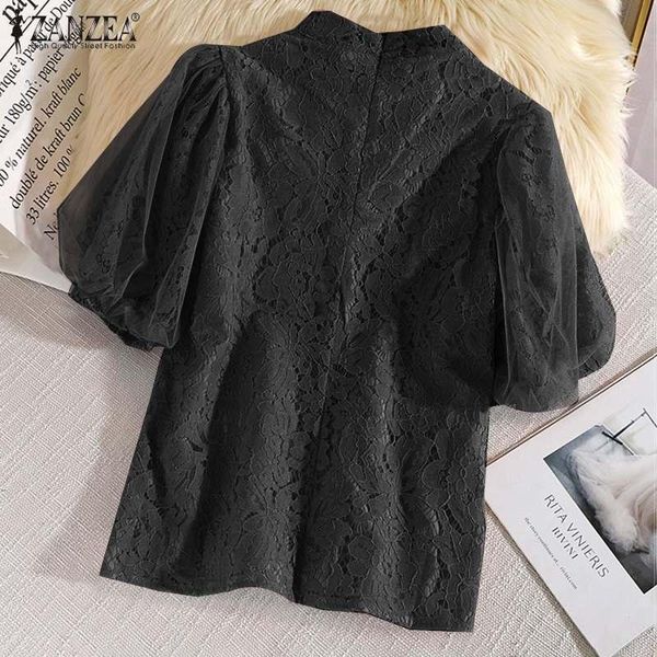 

women's blouses & shirts 2021 zanzea women lace patchwork blouse summer elegant office lady casual solid puff sleeve loose zipper over, White