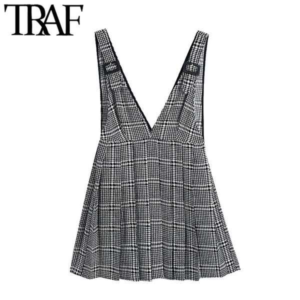 

women fashion pleated houndstooth pinafore skirt vintage v neck side zipper adjustable straps female skirts mujer 210507, Black