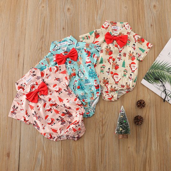 

baby boy christmas romper with red tie bow santa claus elk print short sleeve jumpsuit ins xmas clothing outfit, Blue