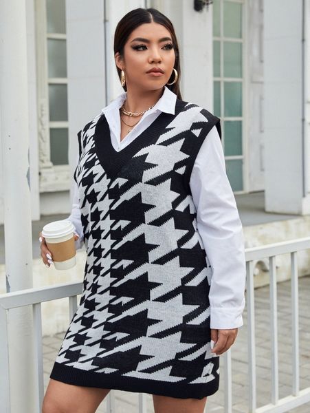 

plus houndstooth pattern v neck sweater dress c2qb#, Black