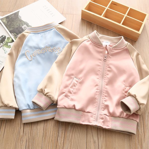 

2021 autumn spring 2 3 4 6-12 years embroidery letter color patchwork mandarin collar baseball sports jacket for baby kids girls, Blue;gray