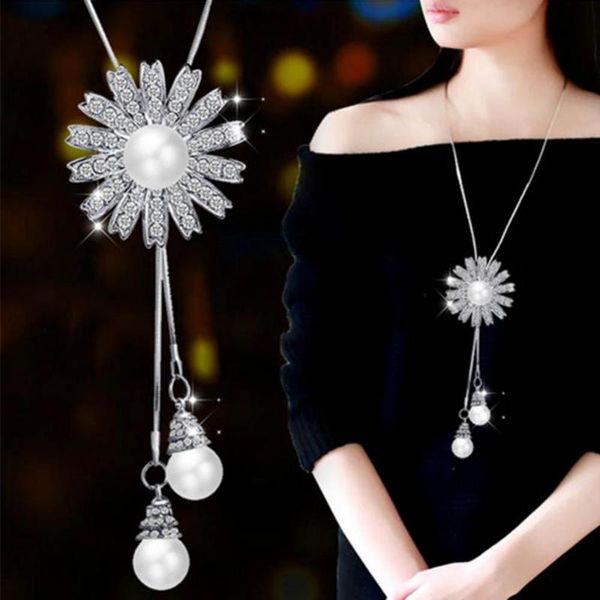 

pendant necklaces women rhinestone imitation pearl sunflower long chain necklace jewelry, Silver