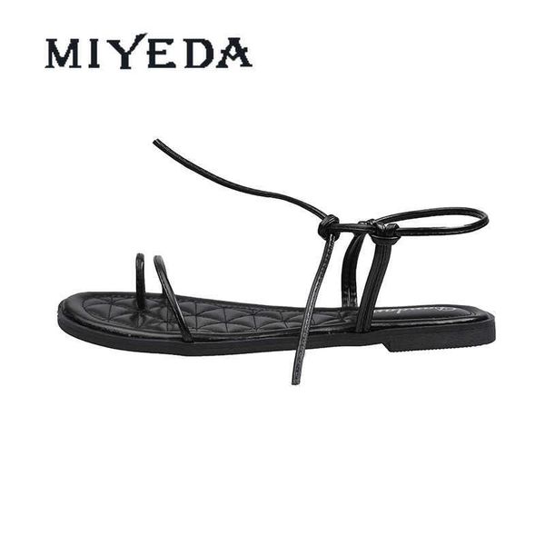 Miyeda женские сандалии Летняя пружина скольжения тонкий ремешок лодыжки-обертывание искусственная кожаная обувь женщин мода сладкие плоские сандалии 210715