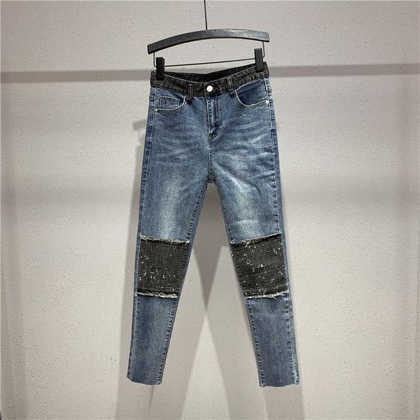 

women's jeans brand women high waist skinny fashion girls denim pencil pants trousers autumn knee sequin spliced, Blue