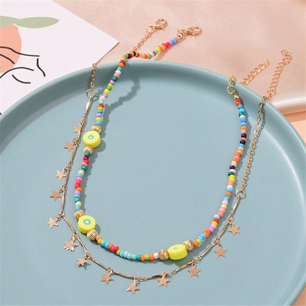

chokers boho style fashion 2pcs dainty seed beads choker necklaces for women star pendant chain necklace female clavicle jewelry, Golden;silver