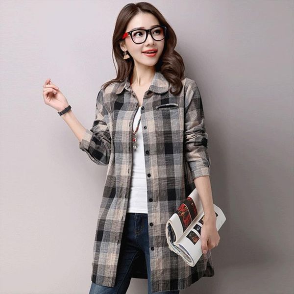 

2914 vintage tunic long sleeve womens blouses plaid cotton linen plus size casual spring, White