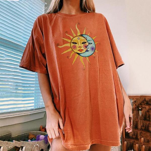 

women's t-shirt shirt summer casual oversized women t-shirts vintage moon and sun print 3xl, White
