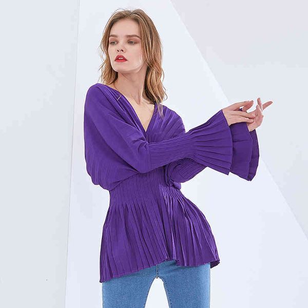 

hoodie vintage pleated shirt for women v neck long sleeve print hit color blouse female fashion clothing 2021 style, Black