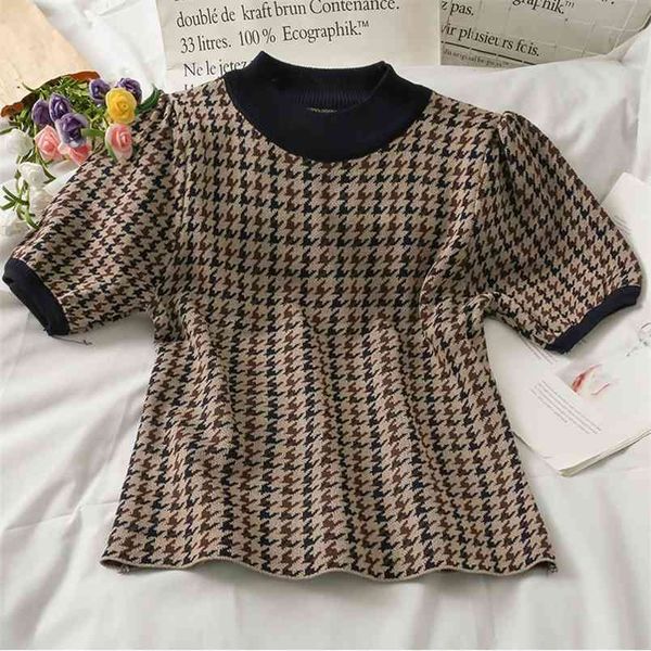 

korean sweet short sleeve women knitted pullovers harajuku hit color patchwork plaid sweater vintage sueter mujer pull femme 210514, White;black