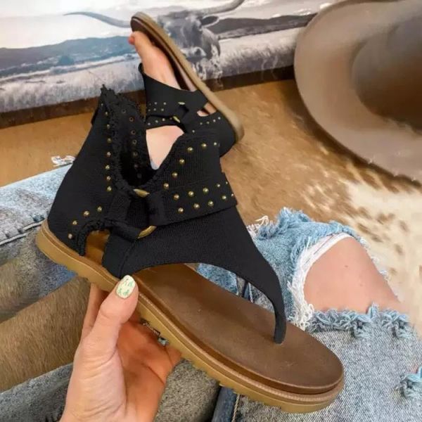 

women sandals round toe zipper studded solid color ladies thong summer fashion flip flops beach casual female footwear, Black
