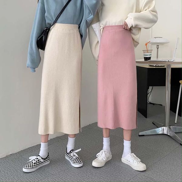 

skirts elastic waist knitted autumn winter split long midi skirt women korean bodycorn pencil warm vintage casual x909, Black