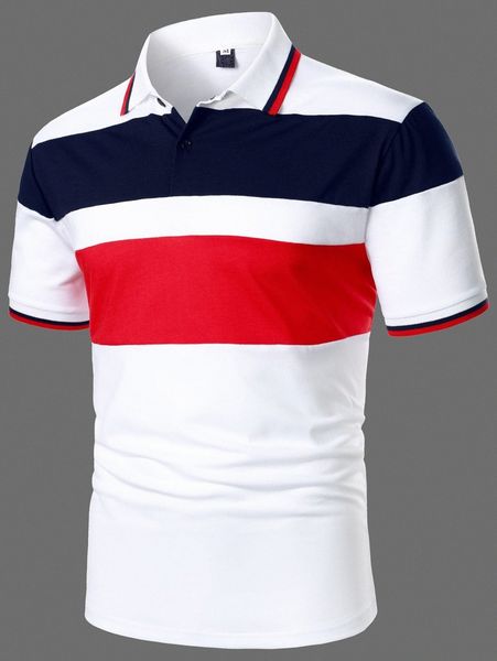

men color block striped trim polo shirt u1bc#, White;black