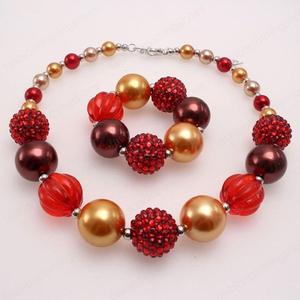 

kids chunky pearl beaded necklace red rhinestone bubblegum bracelets for girls children jewelry party gift, Red;brown