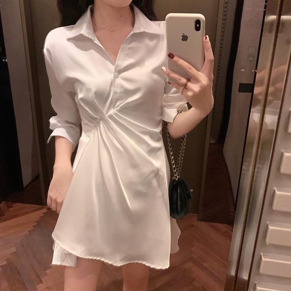 

casual dresses pleated design sense white dress female autumn and winter waist slimming shirt korean version 2021, Black;gray