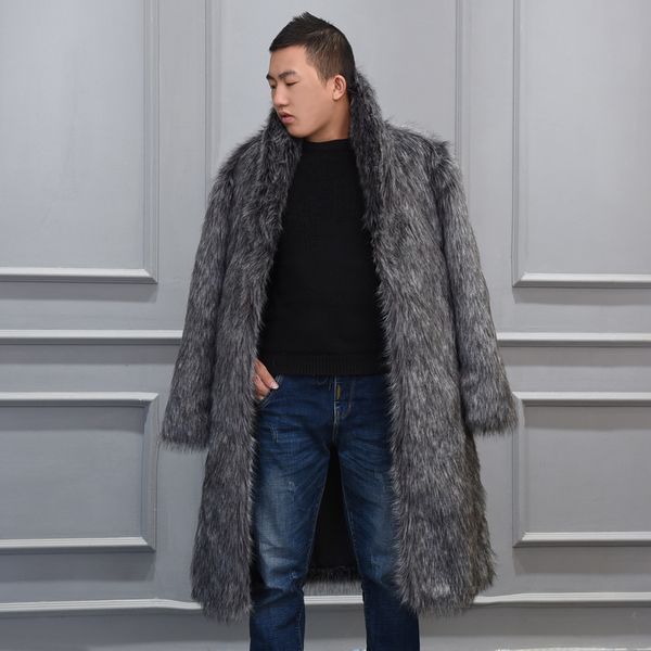 

2021 new lapel men's faux fox fur coat fall/winter long jacket large size comfort high quality, Black