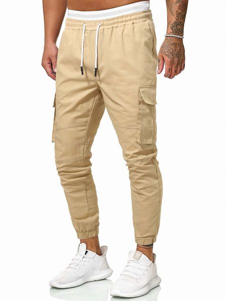 

men flap pocket drawstring waist cargo pants m7s4#, Black