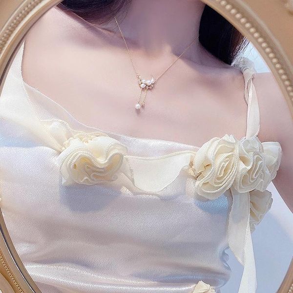 Collana di perle di luna in vero oro 14 carati con micro intarsi di zirconi nappa gioielli di Boemia ciondolo catene regalo di compleanno