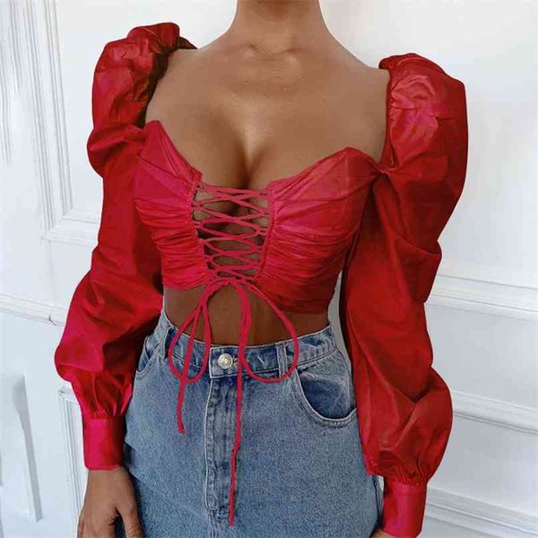 

women summer cotton bandage blouse big long slush lantern sleeve adjustable lace up strap crop white summer 210607