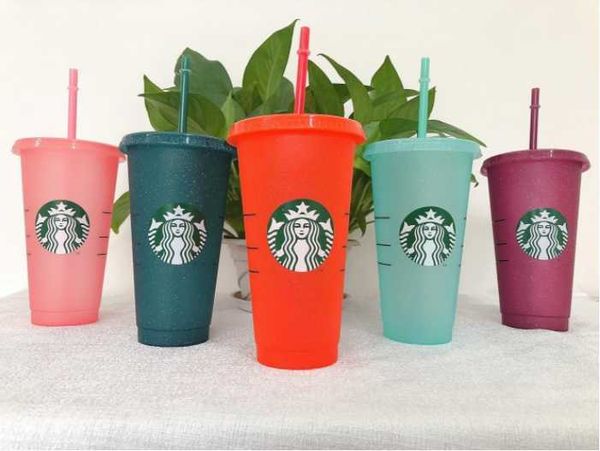 

starbucks tumbler of 710ml reusable frosted oz cold cup with lid and green straw pink starbuck color changing water mugs cute