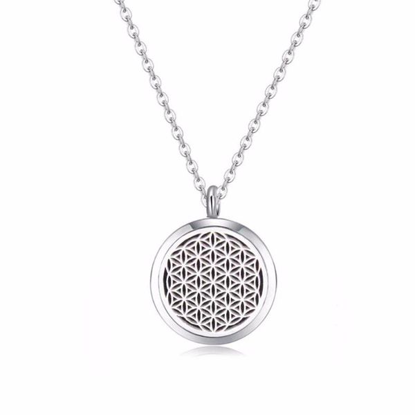 

10pcs silver color seed of life essential oils 316l stainless steel diffuser locket necklace pendant necklaces