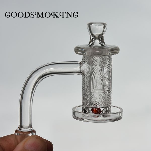 Quarz-Spinner-Banger-Set Smoke mit abgeschrägter Kante und tiefem Schnitzmuster auf dem Kopf + 1 Glas-Terp-Perle + Vergaserkappe + Kegel für Dab-Rig-Wasserpfeifenbongs, zufällige Abbildung