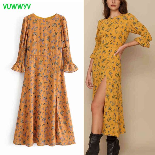 

vuwwyv yellow retro floral print midi dress women elegant slim evening party woman elastic flare sleeve ladies es 210430, Black;gray
