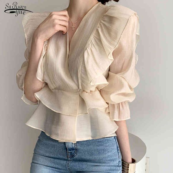 Moda Feminina Emagrecimento Vintage Chiffon Blusa Ruffled Profundidade V-Neck de V-Neck Camisa Sólida Doce Flare Manga Mulher 10334 210521