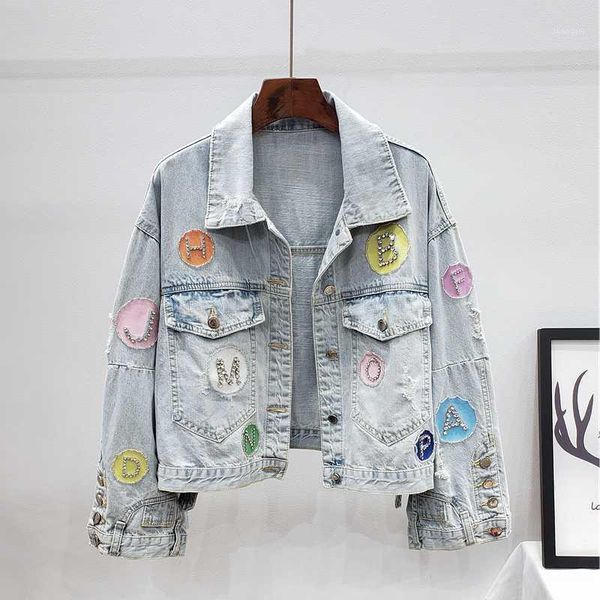 

autumn fashion frayed short denim jacket coat women outerwear loose letter diamonds patch design jeans female streetwear1, Black;brown