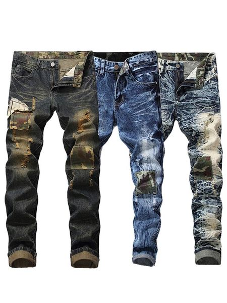 

men's jeans straight-leg trimmed with patchwork applied trousers, Blue