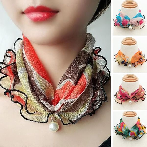 

scarves shiny lace pearls scarf for women fashion print variety pendant neck collar chiffon women's, Blue;gray