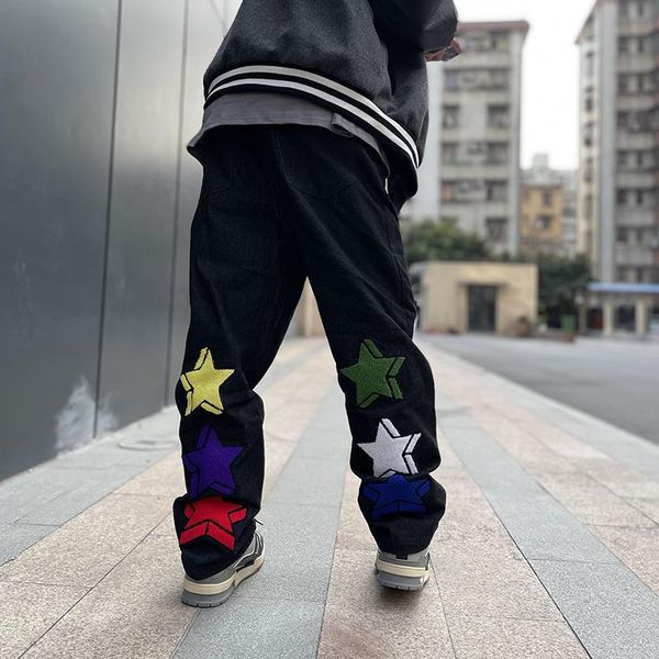 

women's jeans pentagram fabric monogrammed high street hip hop straight casual wide leg skateboard pants woman y2k, Blue