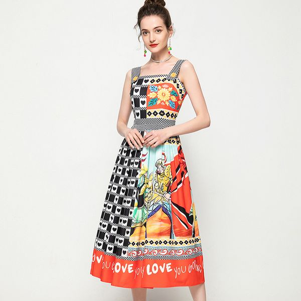 

women's runway dresses spaghetti straps vintage printed ruched fashion mid calf dress vestidos, Black