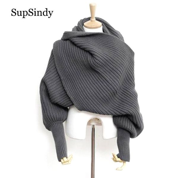 

scarves supsindy european style winter women long scarf with sleeves wool knitted for thick warm casual shawl high quality, Blue;gray