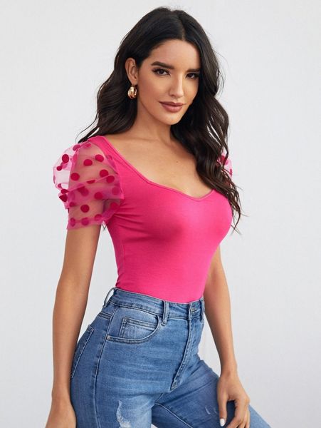 

sweetheart neck dobby mesh sleeve r25z#, White