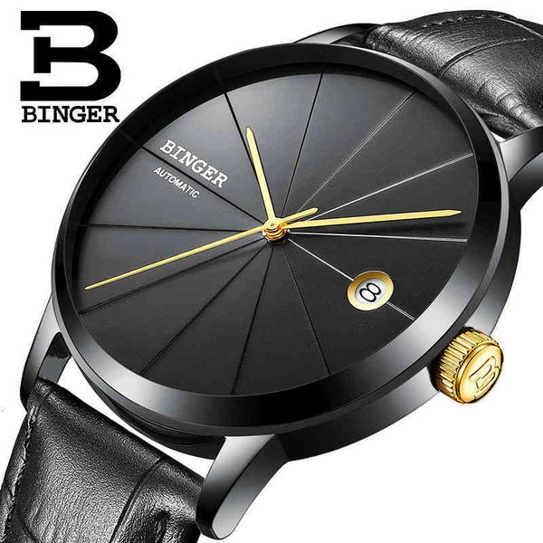 

men japan automatic movement binger luxury mark mechanical watch unique slender design leather band watches men, Slivery;brown
