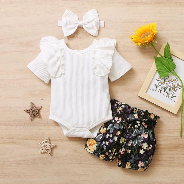 

3pcs born baby girls summer clothes set ruffle romper floral shorts bow headband toddler outfit clothing sets, White