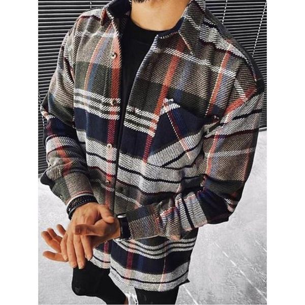 

men's casual shirts men clothing 2021 spring autumn color matching plaid printed shirt cardigan lapel long-sleeved, White;black