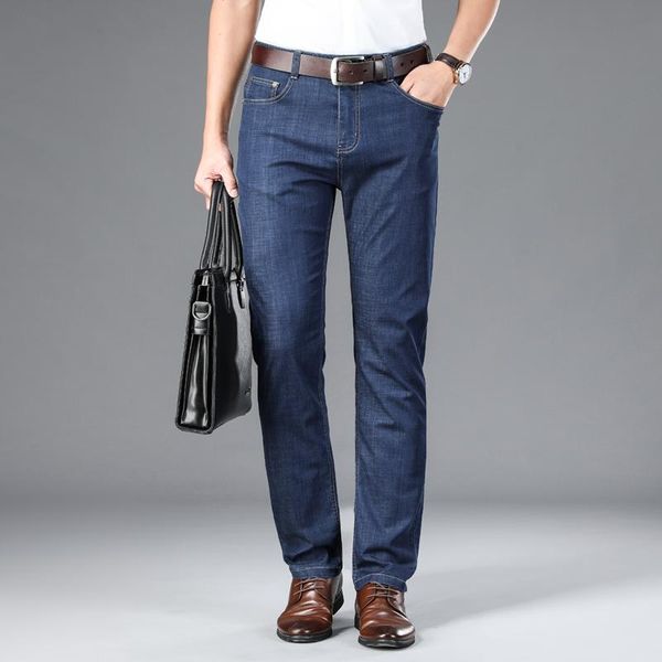 

men's jeans quanbo classic style men summer thin business casual stretch slim denim pants drak blue trousers male