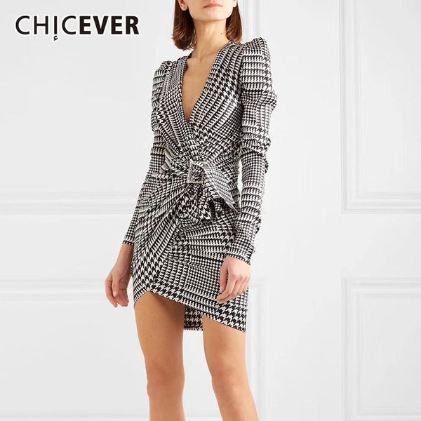 

plaid elegant dress for women v neck long sleeve ruched diamonds high waist irregular hem dresses female fashion summer casual, Black;gray