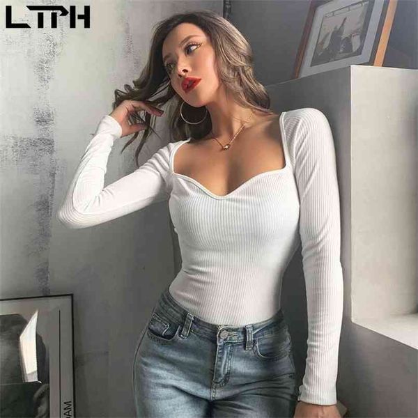 

autumn arrival ins style fashion slim woman tshirts square collar full sleeve solid color casual base t shirt 210423, White