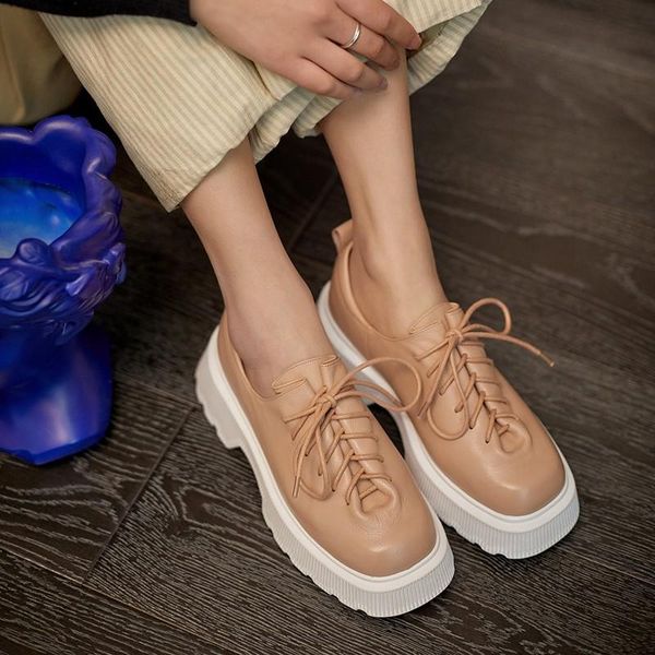 

dress shoes british style spring women pumps autumn square toe genuine leather platform lace up block high heels oxfords woman black