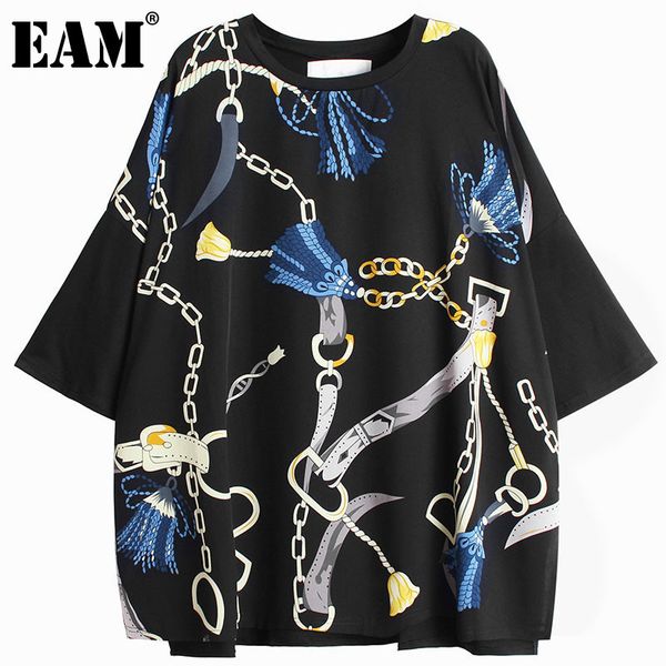 

[eam] women black pattern printed big size t-shirt round neck three-quarter sleeve fashion spring summer 1dd7774 21512, White