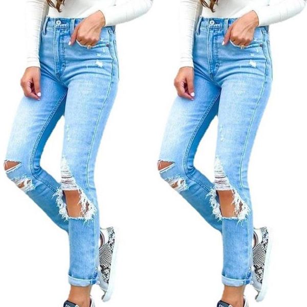 

women's jeans stretchy demin high waisted pants ripped slim skinny fit trousers, Blue
