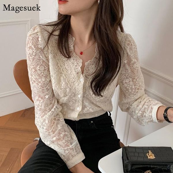 

women's blouses & shirts fashion elegant lace crochet shirt women clothes 2021 korean chic v-neck floral woman blouse see through blus, White
