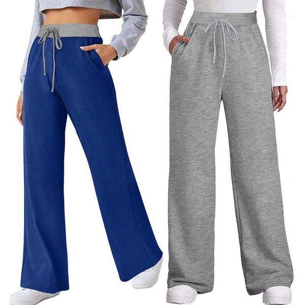 

women's pants & capris women winter stylish contrast color patchwork trousers soft wide leg drawstring pockets for jogging, Black;white