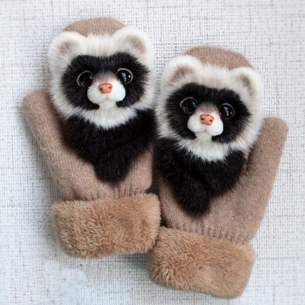 

five fingers gloves 2021 animal pattern autumn and winter warmth plush knitted for women k2, Blue;gray