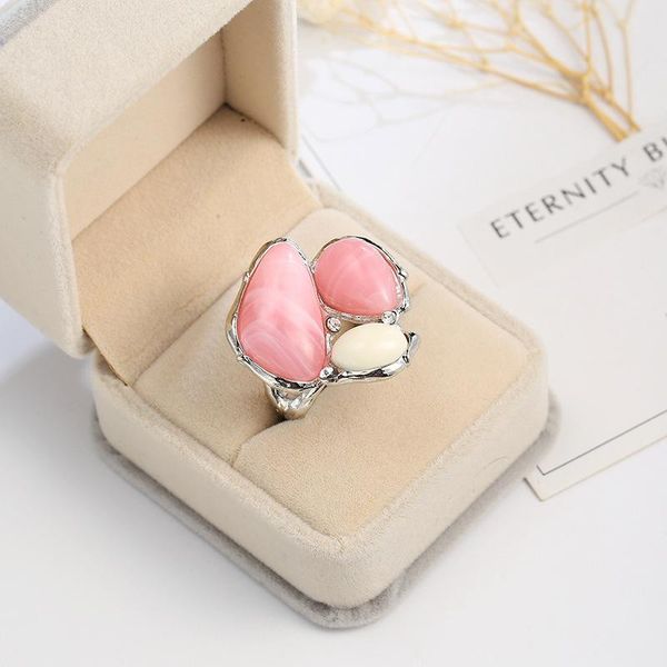 

cluster rings luxury female pink crystal ring 925 sterling silver asymmetric zircon stone party jewelry promise wedding for women, Golden;silver
